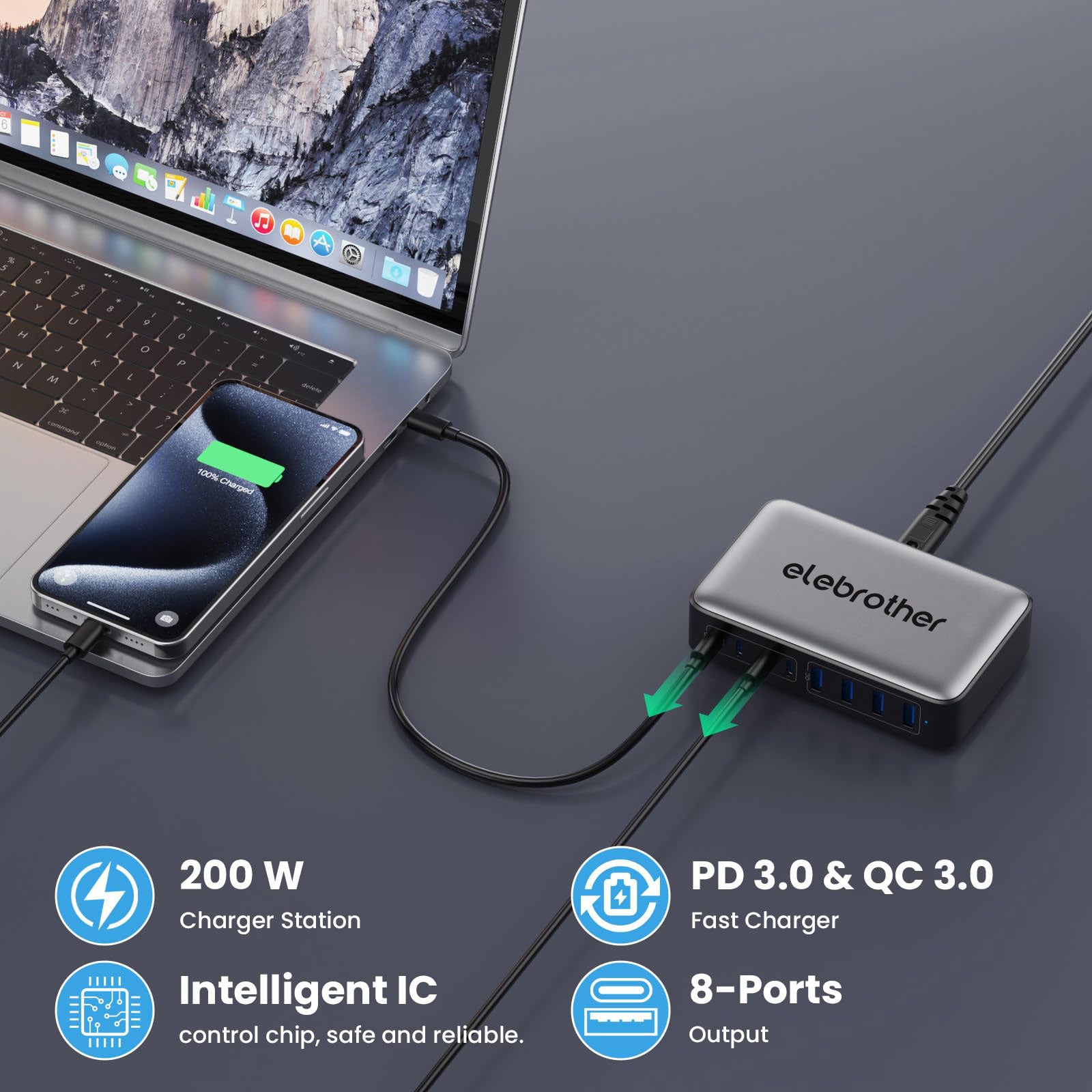 200W GaN III 8-Port Fast Charging Station Hub