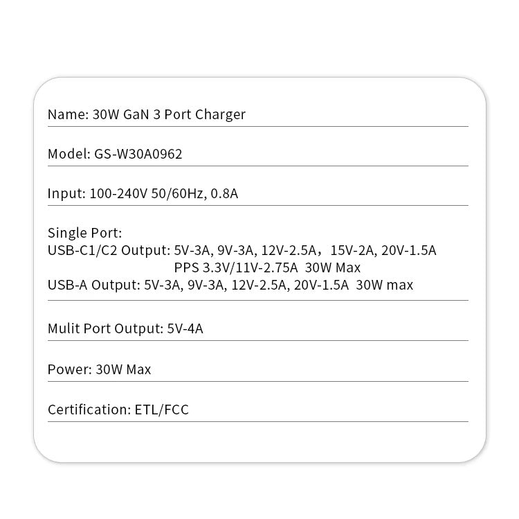 30W GaN PD USB 2C1A Charger - UK Plug