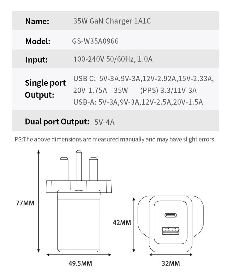 35W GaN PD USB A+C Charger - UK Plug