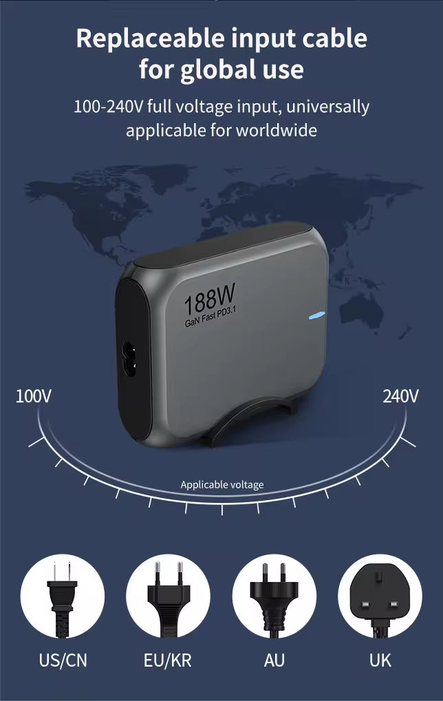 5 Ports 188W GaN Fast Charger Station