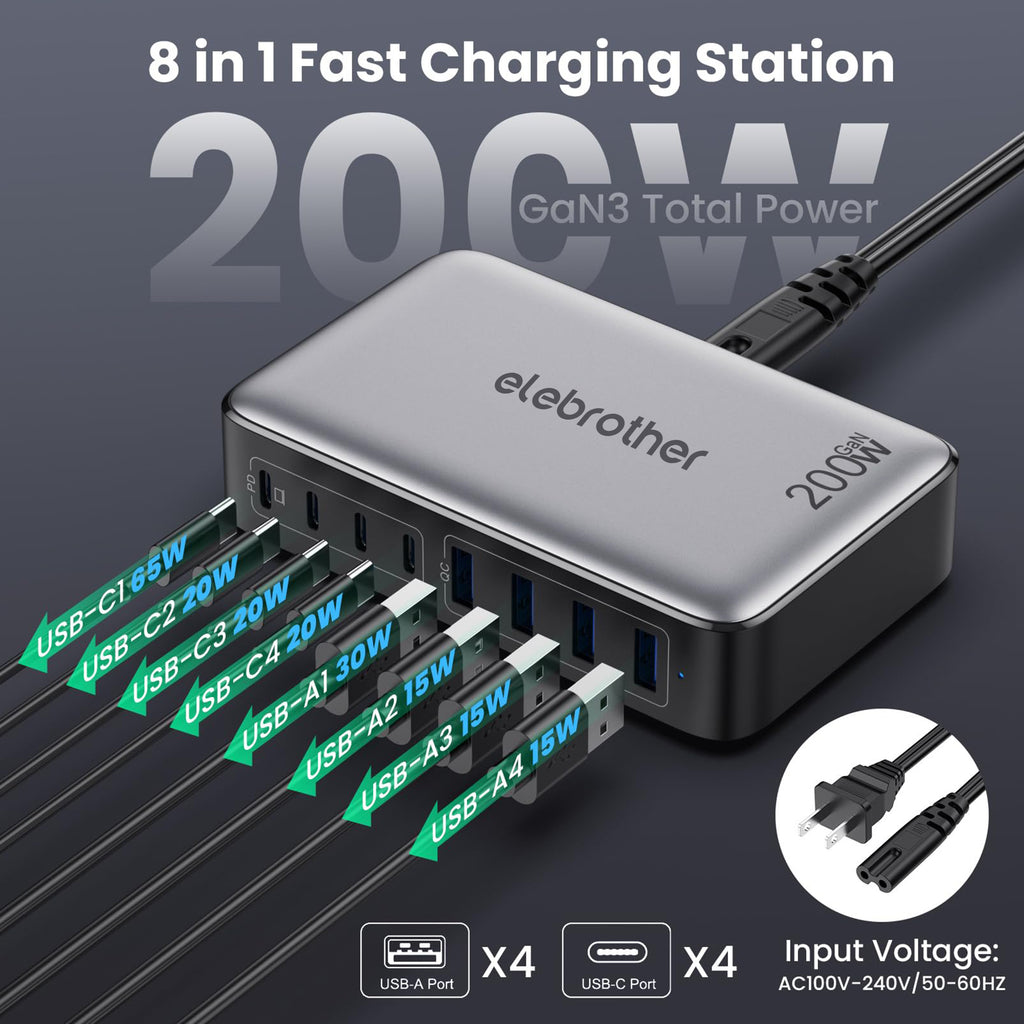 200W GaN III 8-Port Fast Charging Station Hub