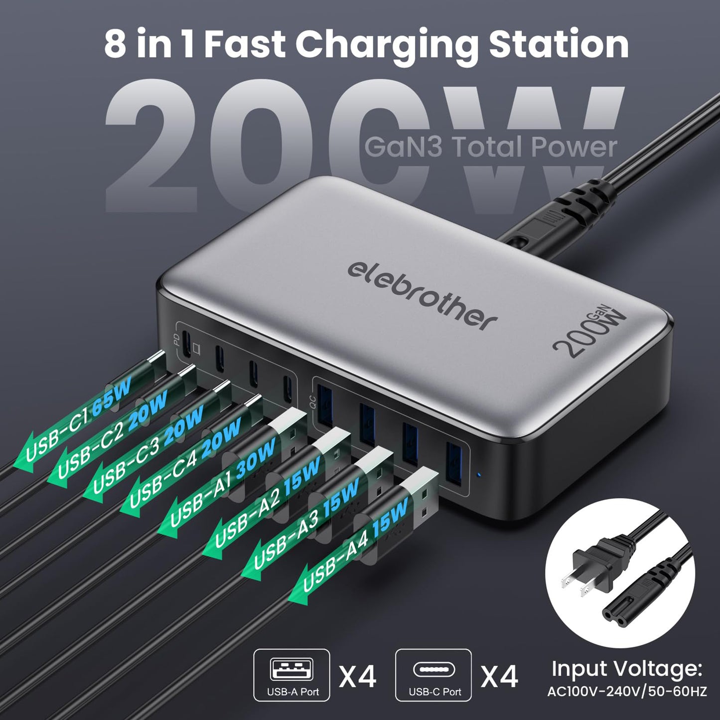 200W GaN III 8-Port Fast Charging Station Hub