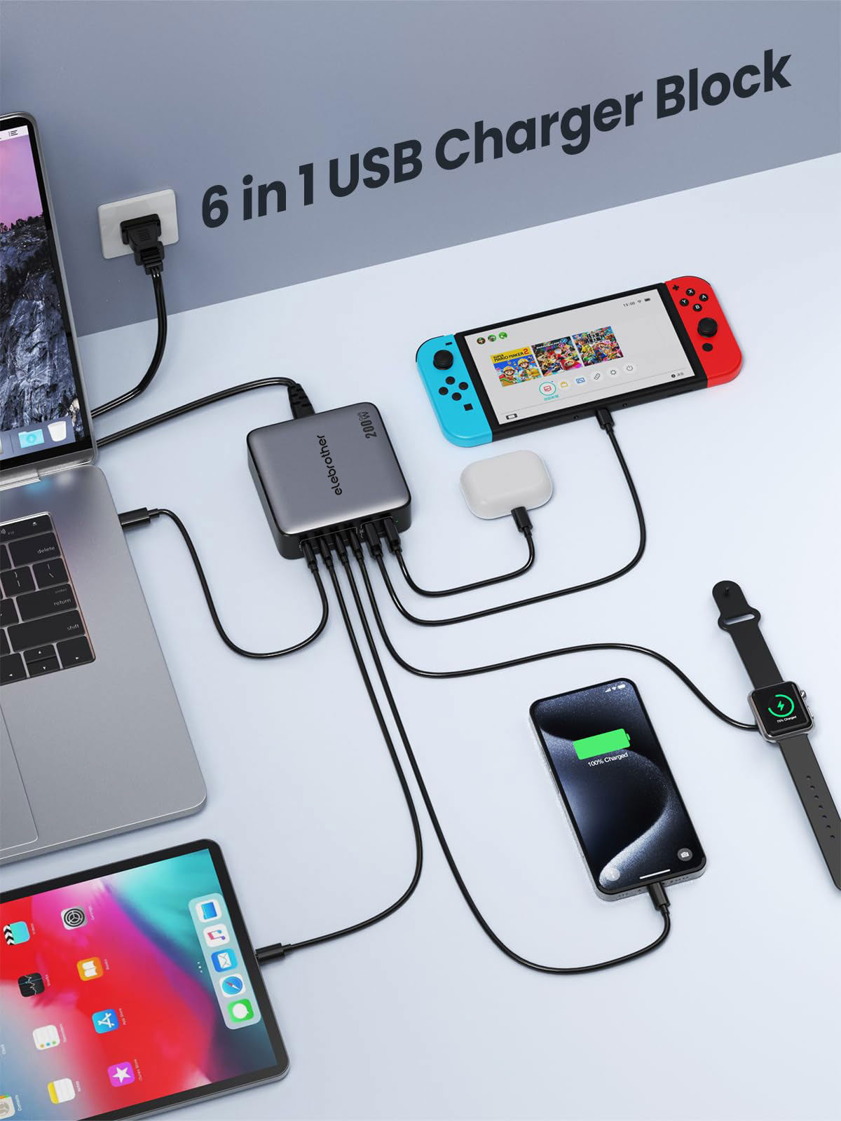 elebrother 200W-GaN-III-6-Port-Fast-Charging-Station-Hub