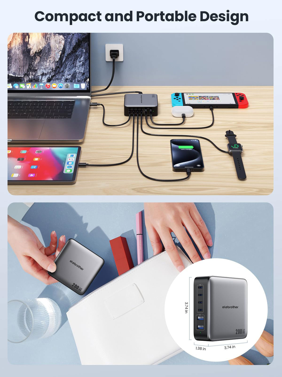 200W GaN III 6 Port Fast Charging Station Hub