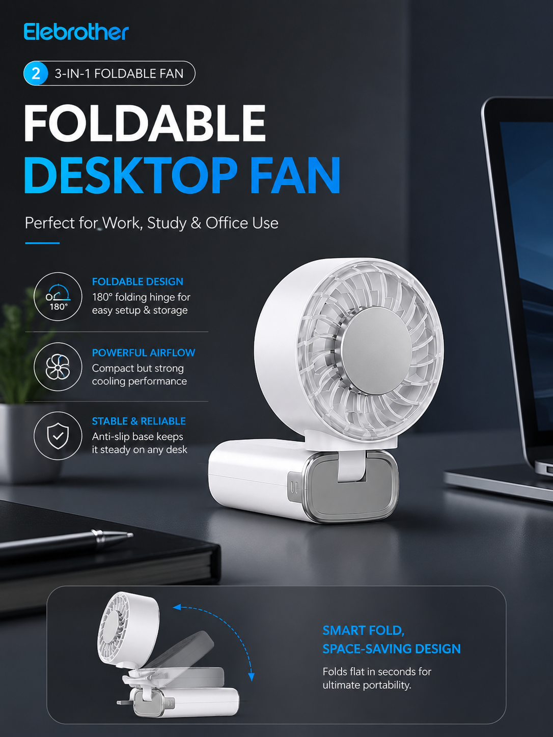 3 In 1 Foldable Handheld Fan & Power Bank