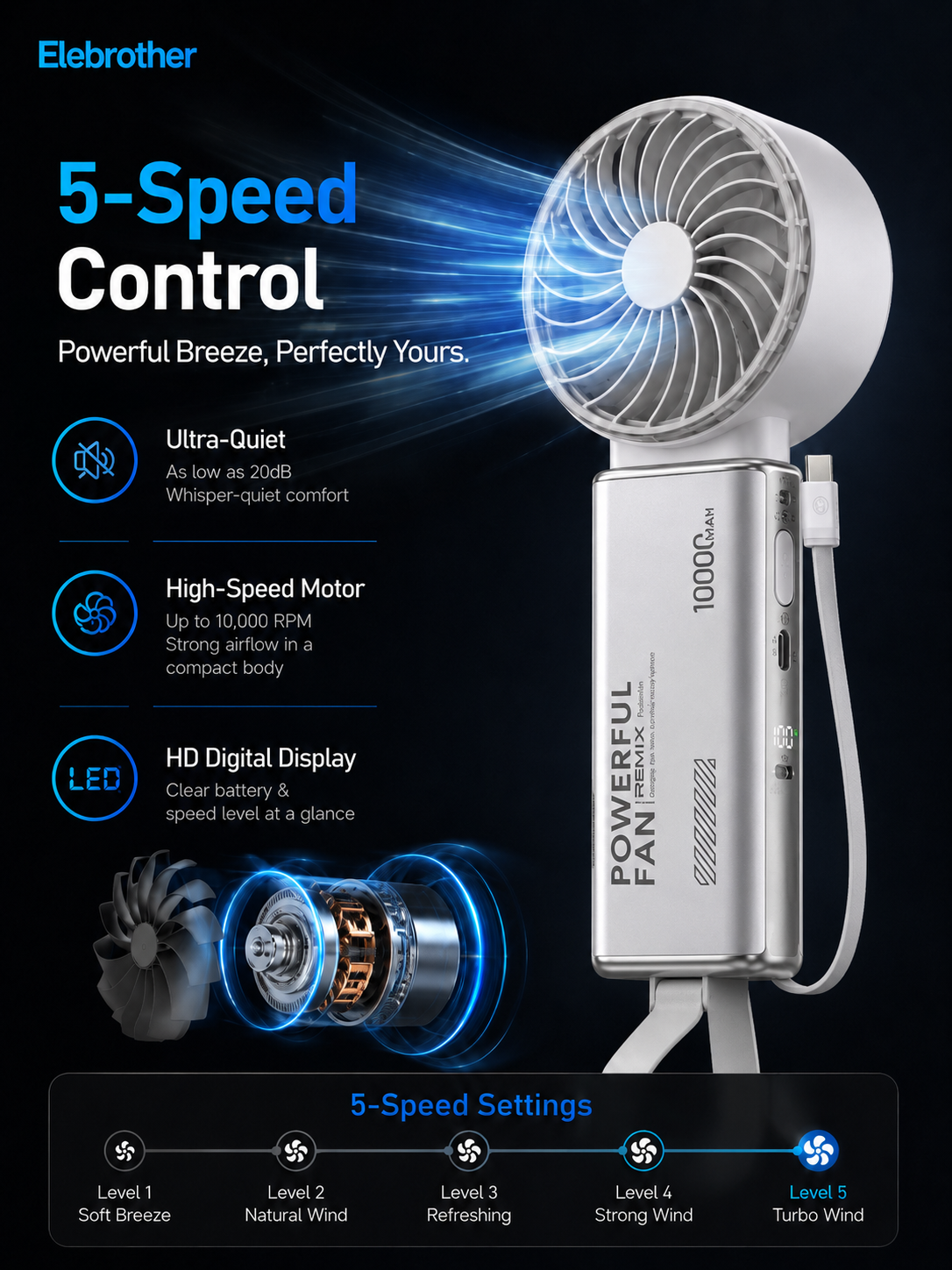 3 In 1 Foldable Handheld Fan & Power Bank