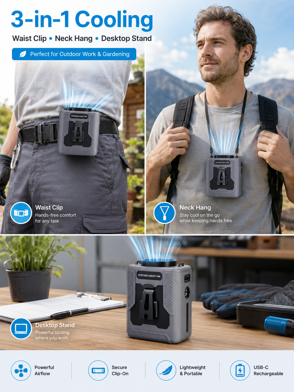 Portable Belt Clip Fan  – Rechargeable Wearable Cooler with Flashlight
